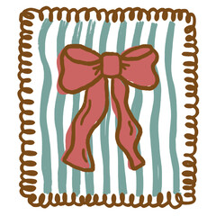 Hand-drawn pink bow illustration with cozy wavy stripe background and curly frame. Cute and aesthetic holiday design perfect for gift tags, greeting cards, or festive decorations in pastel tones.