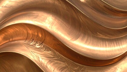An abstract close-up of curved copper-toned metal with flowing, organic shapes. The light reflects various shades