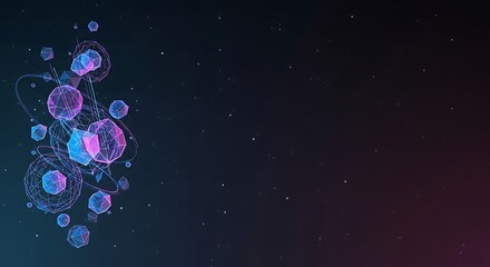 Dynamic abstract geometric network structures float in digital cosmic space with vibrant neon glow and sparkling stars