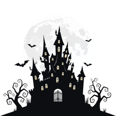 Spooky castle with bats and full moon at night