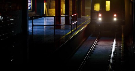 A subway train is nearing the platform of a dimly lit station, showcasing vibrant reflections on the wet floor. The atmosphere is moody, with illuminated windows and shadows. - Powered by Adobe