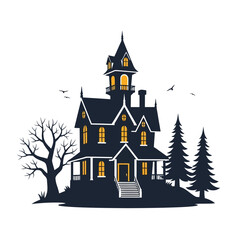Spooky haunted house with spooky tree and pine trees isolated on white background