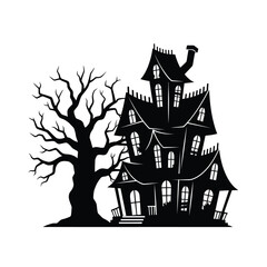 Scary haunted house with dead tree isolated on white background