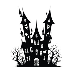 Spooky haunted house silhouette with ghosts and bare trees isolated on white background