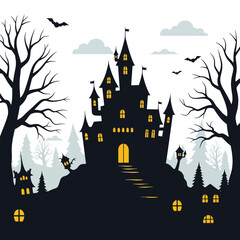 Dark haunted castle with spooky trees and clouds isolated on white background