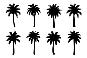Fototapeta premium Eight distinct black silhouette palm trees for tropical designs