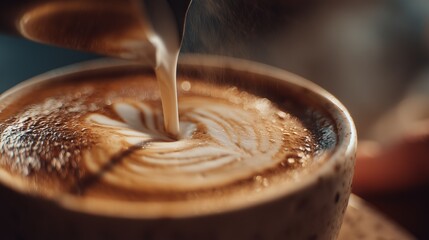 National Macchiato Day. macro shot of a barista’s hand pouring espresso over frothy milk, perfect macchiato, golden tones, natural light, shallow depth of field, coffee art in motion