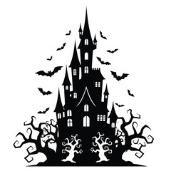 Silhouette of a haunted castle with bats and dead trees isolated on white background