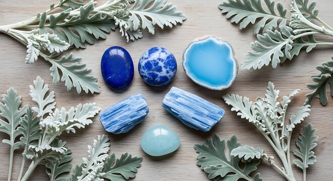 A natural composition on wood, featuring a collection of polished gemstones and decorative leafy sprigs