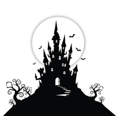 Haunted castle silhouette on a hill under a full moon