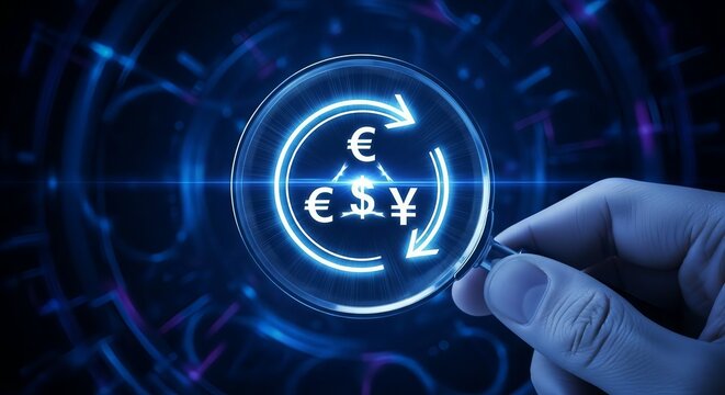Digital currency exchange concept with glowing euro and yen symbols in a circular arrow diagram