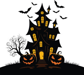 Haunted house silhouette with bats, pumpkins and tree isolated on white background
