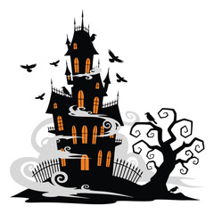 Halloween haunted house with spooky tree and flying crows