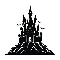 Silhouette of a spooky castle with bats flying isolated on white background