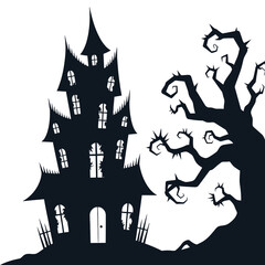 Silhouette of a haunted house and a gnarled spooky tree