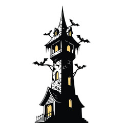 Tall spooky tower with bats flying around isolated on white background