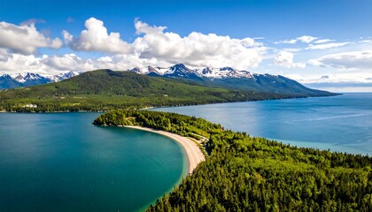 An aerial view showcases a calm blue body of water, rimmed by a curving forested peninsula with a roadway. Snow-capped mountains loom in the distance