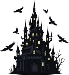 Silhouette of a spooky haunted castle with crows flying around isolated on white background