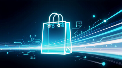 Digital shopping bag illuminated by futuristic technology elements