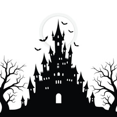Silhouette of a spooky castle with bats and trees isolated on white background