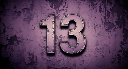 A numeral "13" appears, metallic and worn, set against a peeling, textured wall with a deep purple hue. The lighting casts subtle shadows