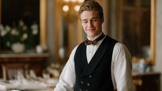 Professional butler coordinating event setup in royal residence, face focused yet emotionally composed, reflecting centuries-old service traditions, perfectionism, and mastery of elite protocol and