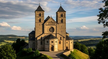 A large stone structure with two tall towers stands atop a hill. A road leads up to the building. The landscape is rolling hills
