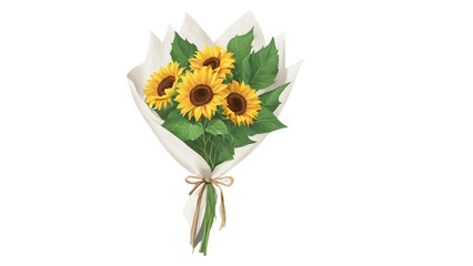 Bright sunflower bouquet with green leaves and rustic wrapping paper, realistic texture, transparent background PNG