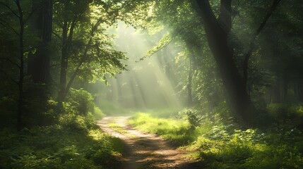 Obraz premium Serene forest pathway illuminated by sunlight filtering through lush green trees, creating a peaceful atmosphere