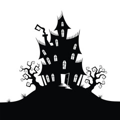 Spooky haunted house silhouette isolated on white background