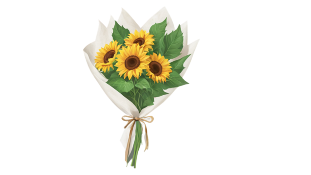 Bright sunflower bouquet with green leaves and rustic wrapping paper, realistic texture, transparent background PNG - Powered by Adobe