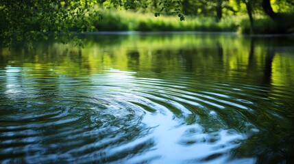 Obraz premium Serene lake surrounded by lush greenery, reflecting ripples and sunlight in a tranquil setting