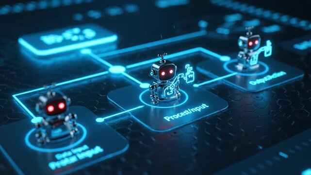 Futuristic robots showcase advanced technology within digital network, emphasizing automation, data processing, and innovation through interconnected input and output elements