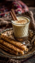Traditional masala chai glass with cinnamon sticks and indian snacks on vintage tray