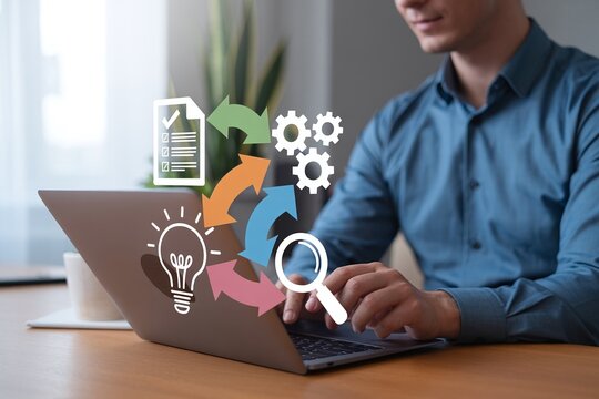 Business Workflow Automation and Optimization Concept with a Man Working on a Laptop and Icons for Idea Generation, Data Analysis, Process, and Documentation Cycle