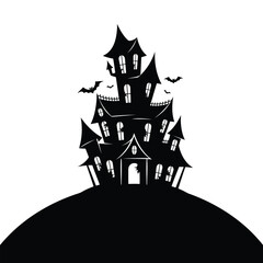 Silhouette of a haunted house on a hill with bats flying