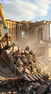 A large yellow machine with a full scoop demolishes a building, kicking up dust and debris. The sky is partly cloudy
