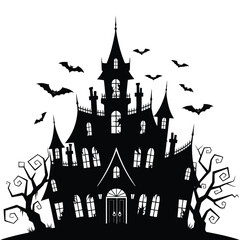 Spooky haunted mansion silhouette with bats flying isolated on white background