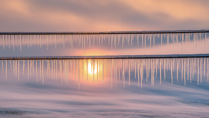 Obraz premium Sunset light reflecting in icicles during a winter evening, perfect for seasonal greeting cards or artistic wall prints