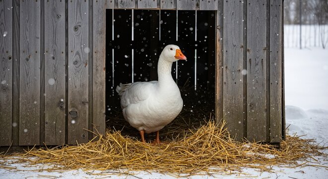 Goose standing at shelter entrance with snow and straw during winter snowfall