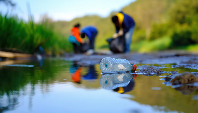 Group cleaning plastic debris at river, volunteers collecting litter near stream for earth day awareness and conservation efforts