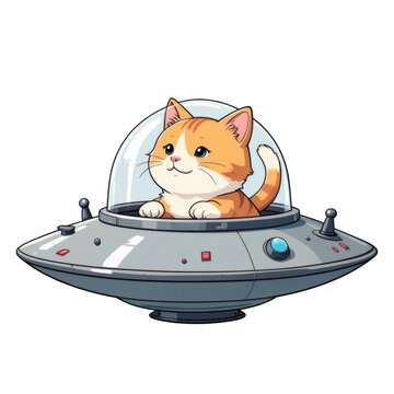 Cartoon Style Cat Flying UFO Illustration