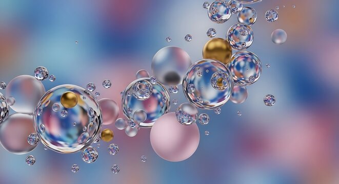 A mesmerizing swirl of spheres, ranging in size and material, are suspended against a soft, colorful gradient background