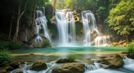 A mesmerizing waterfall cascades into a turquoise pool, surrounded by lush green foliage and sunlit trees. The smooth water creates a serene visual