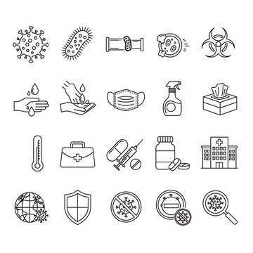 A linear icon set representing items related to disease prevention and medical treatment, including microbes, protective gear, and medical equipment