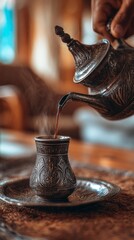 Traditional middle eastern tea pouring into ornate glass on decorative tray