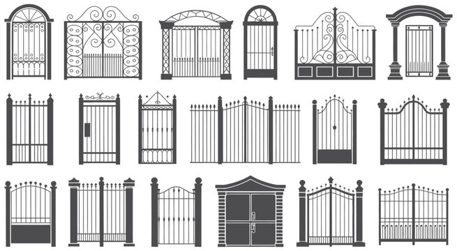 A comprehensive set of isolated monochrome gate designs. This diverse vector collection features classic and modern fence and entrance styles, perfect for architectural and design projects