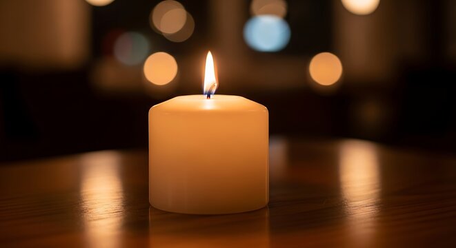 A lit candle on a wooden table glows in a dimly lit space, soft focus background, creating a warm, cozy atmosphere