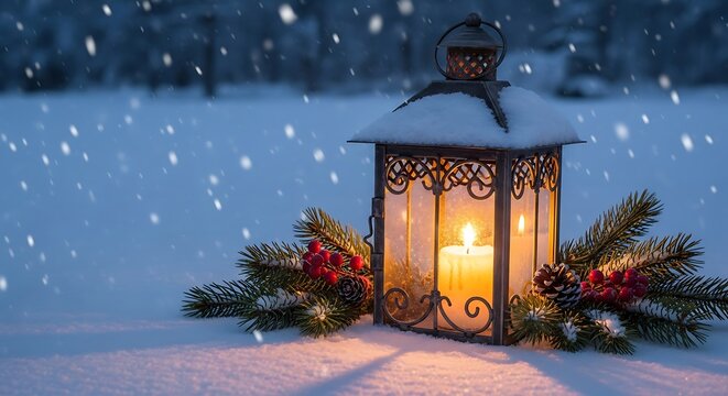 A lit candle inside a decorative lantern sits on snow, framed by pine needles, cones, and berries with falling snowflakes