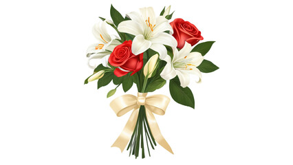 Realistic mixed bouquet of roses, lilies, and daisies, tied with silk ribbon, isolated transparent PNG
